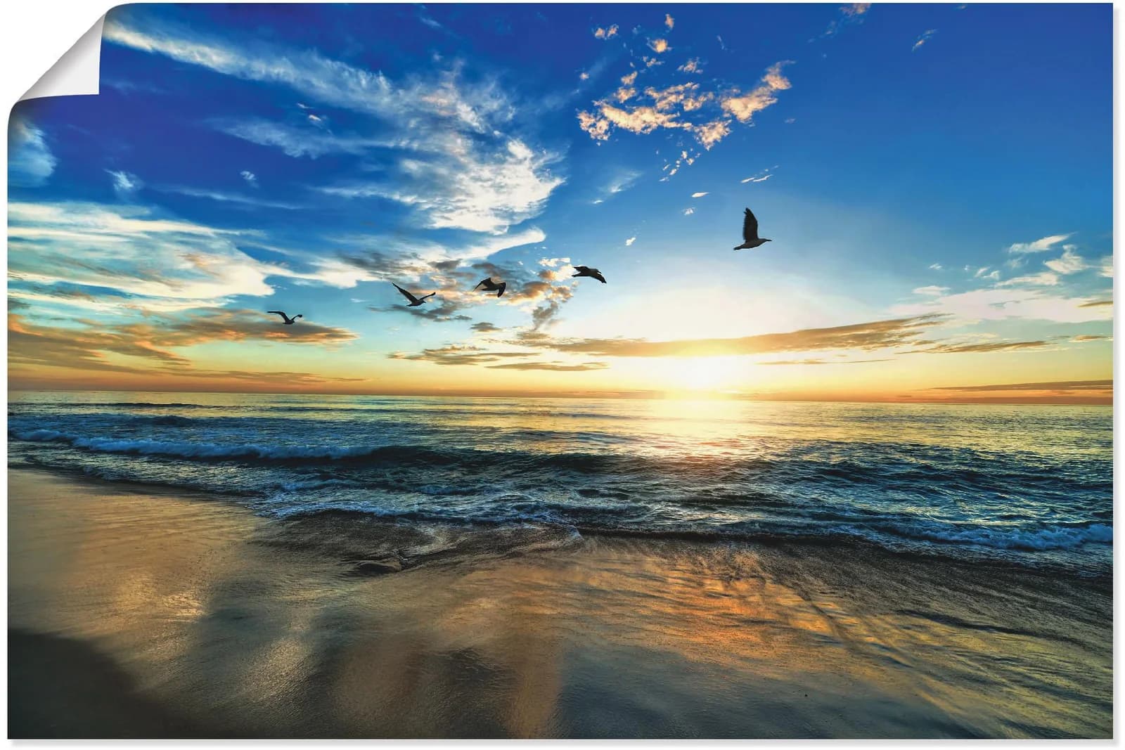 ARTLAND Wandbild Strand Möwen Meer Sonnenuntergang Blau