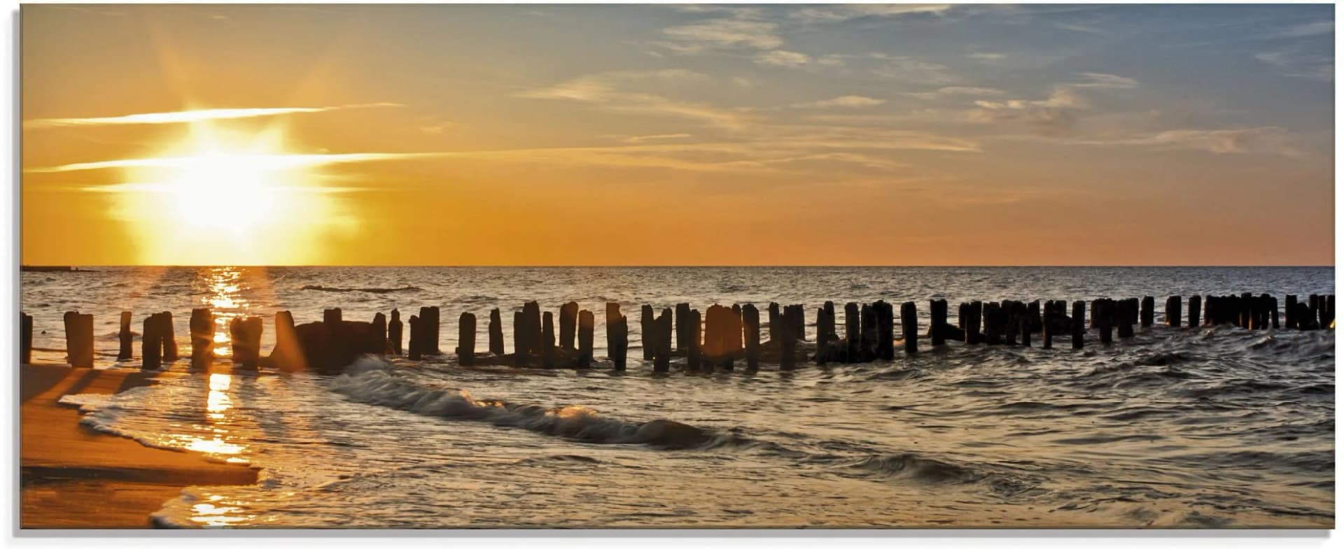 Glasbild ARTland Schöner Sonnenuntergang am Strand Orange