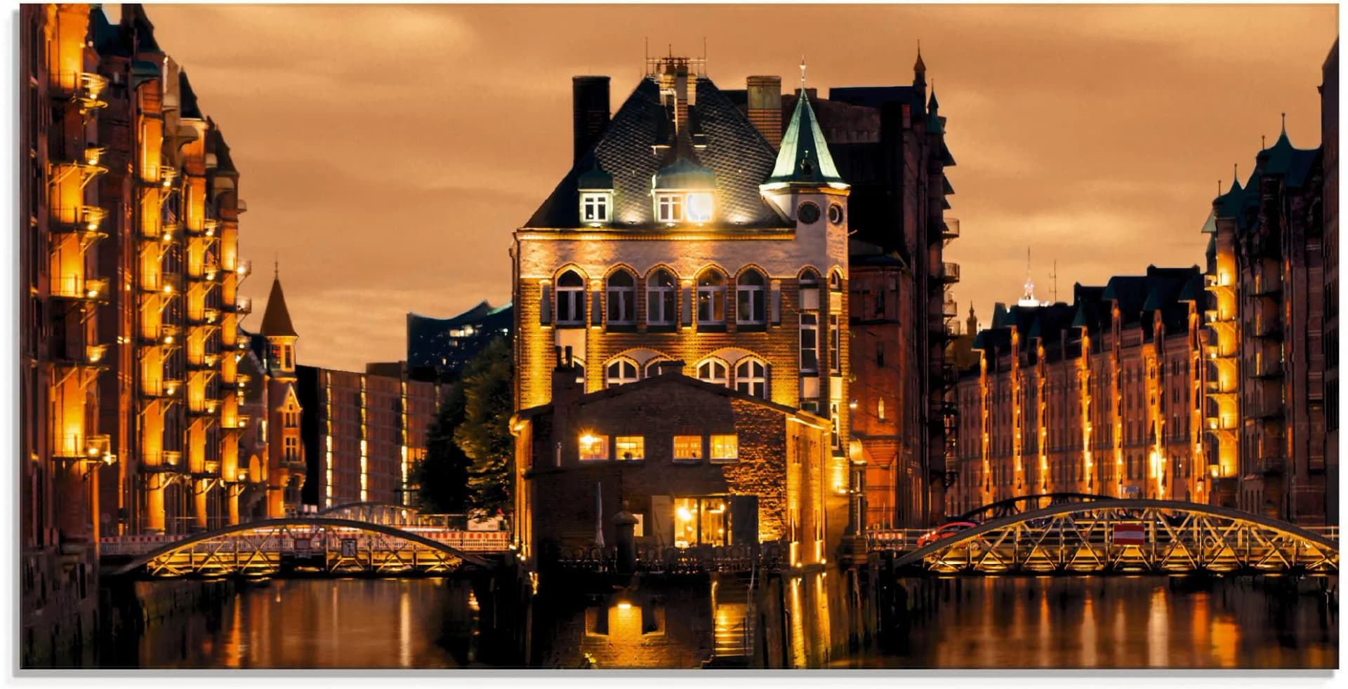 Artland Glasbild Speicherstadt in Hamburg Sepia