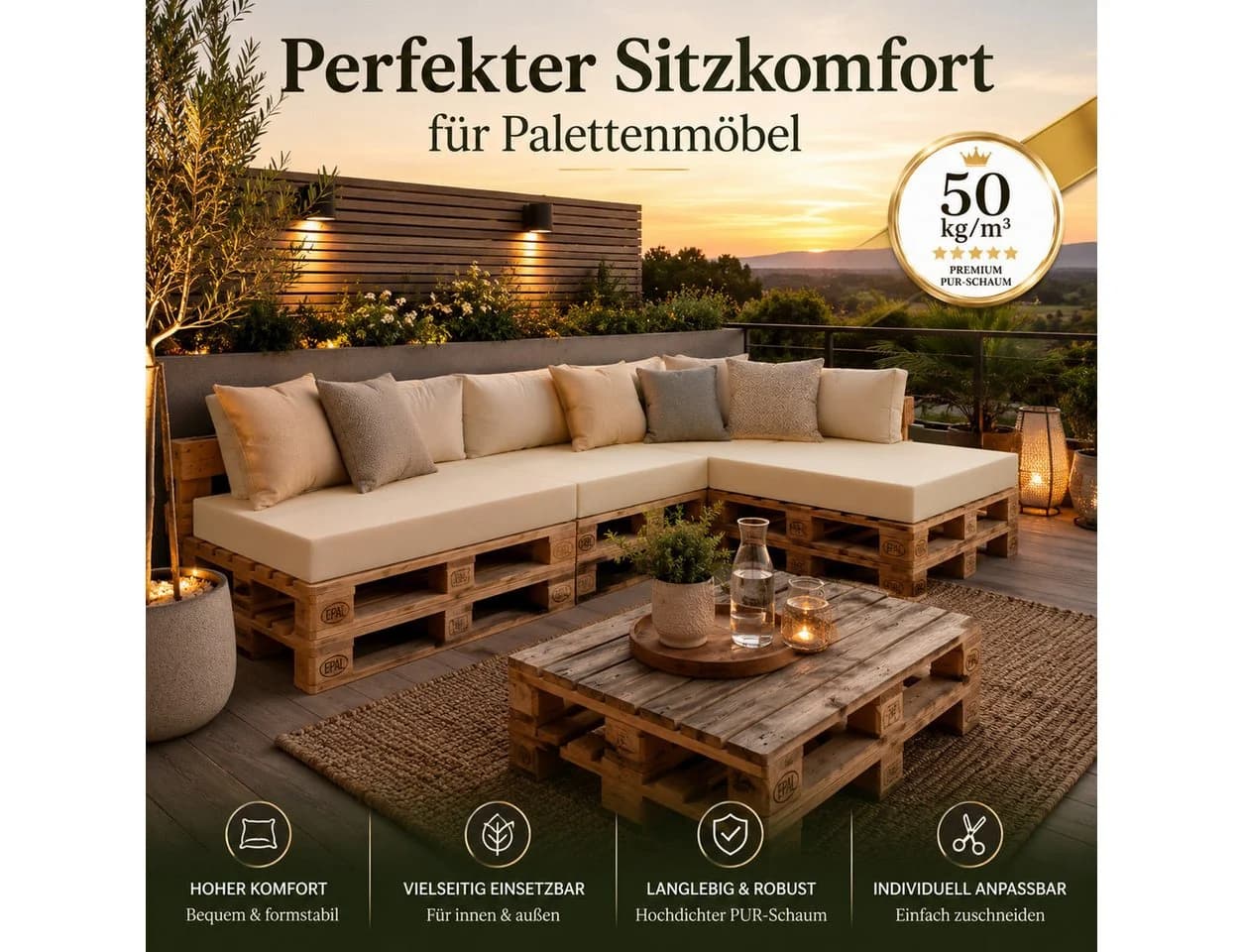 Best for Home Palettenkissen - Festes Schaumkissen Weiß 80x120x10 cm