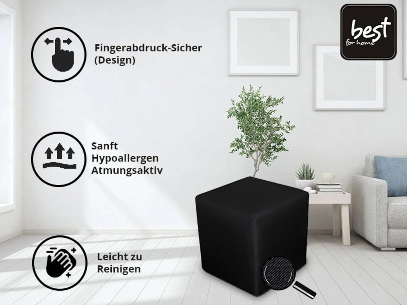 Best for Home Cube Pouf Sitzhocker Schwarz Samt Holzrahmen