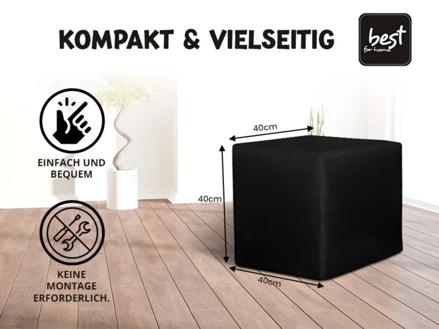 Best for Home Cube Pouf Sitzhocker Schwarz Samt Holzrahmen - Bild 3