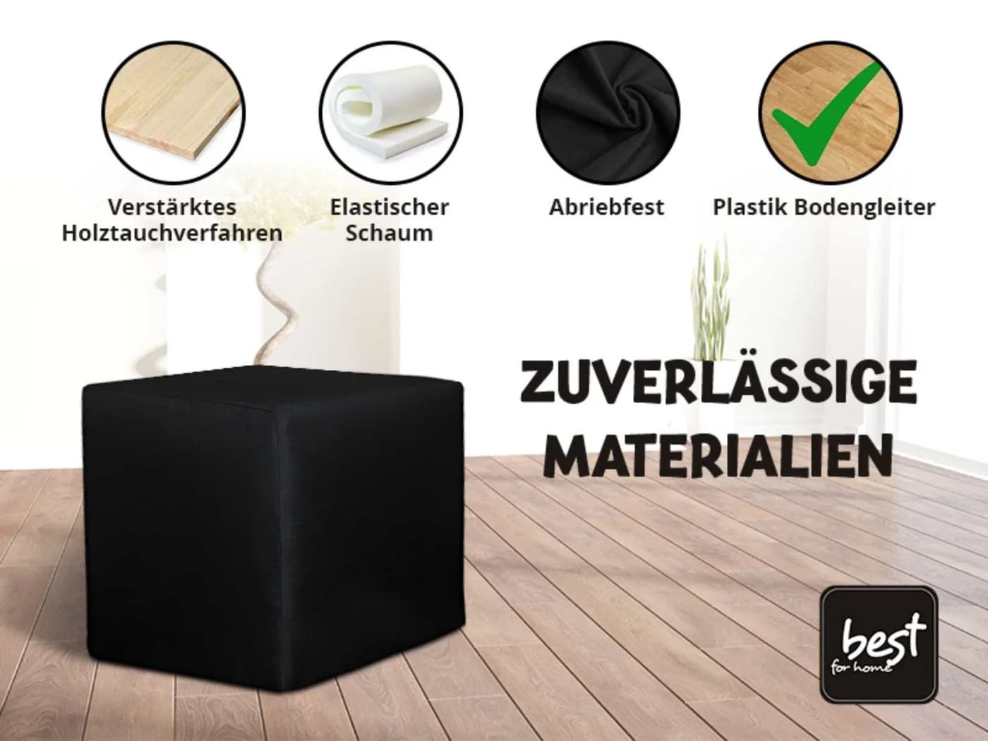 Best for Home Cube Pouf Sitzhocker Schwarz Samt Holzrahmen - Bild 4