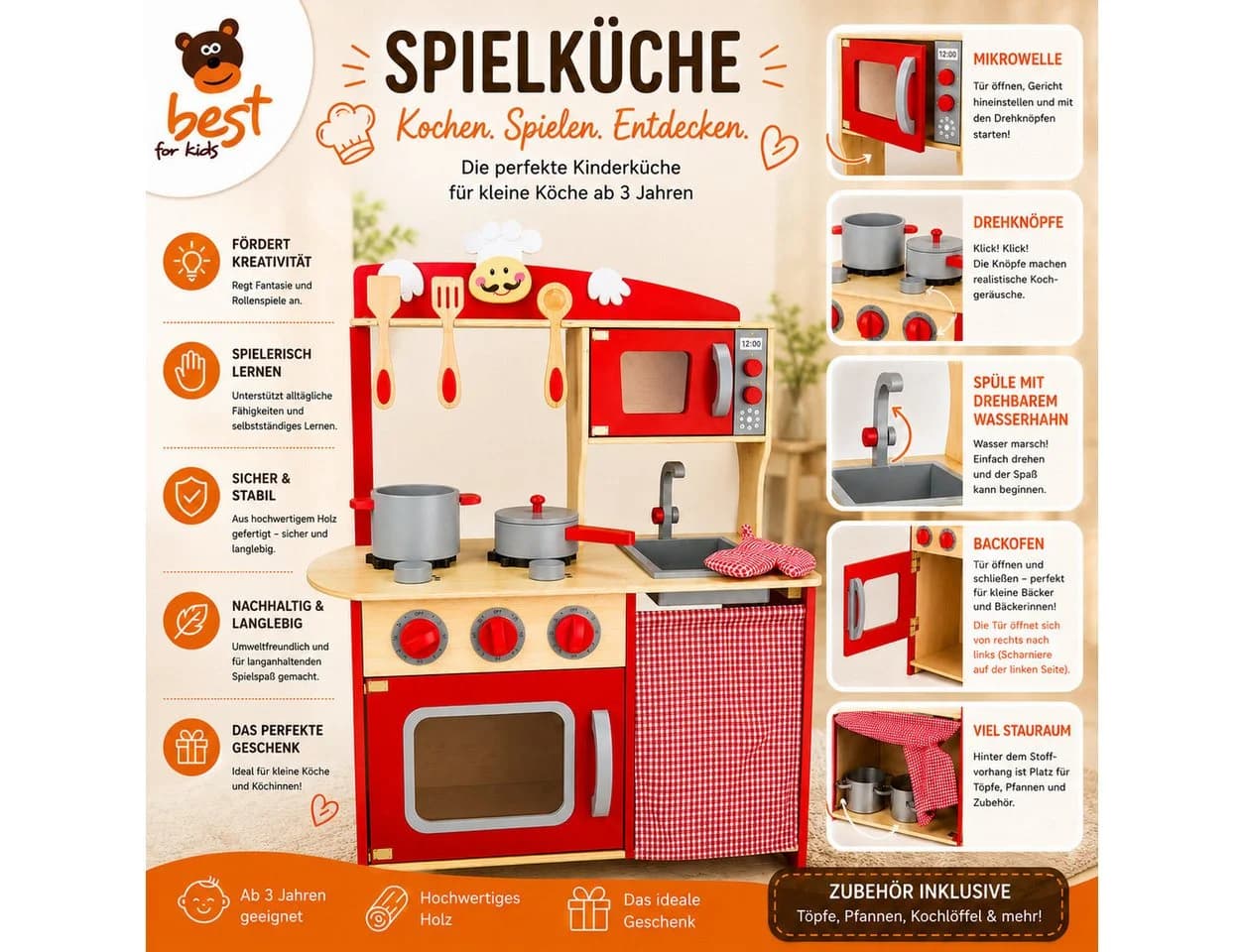Best for Kids Spielküche Kinderküche chili Rot – MDF Holz mit Zubehör - Bild 3