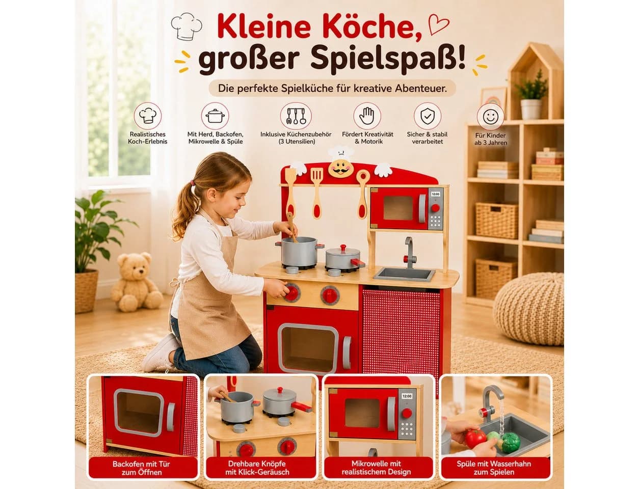Best for Kids Spielküche Kinderküche chili Rot – MDF Holz mit Zubehör - Bild 4
