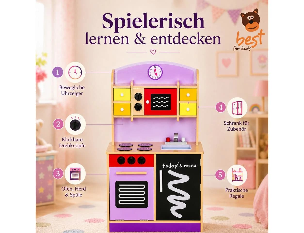 Best for Kids Spielküche Holz Lila mit Ofen, Spüle & Herd - Bild 5