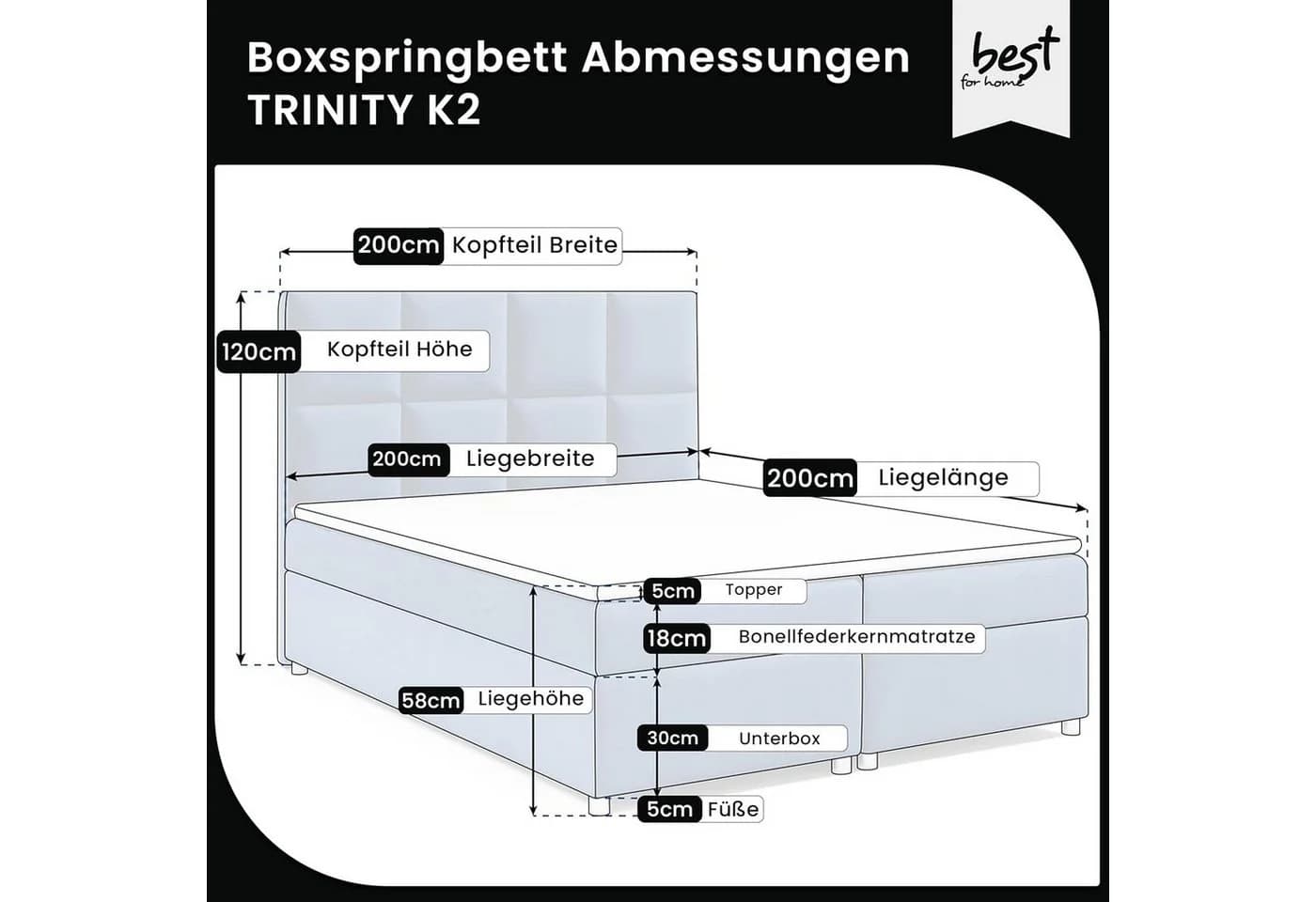 Best for Home Boxspringbett Trinity K-2 Schwarz mit Stauraum & Topper