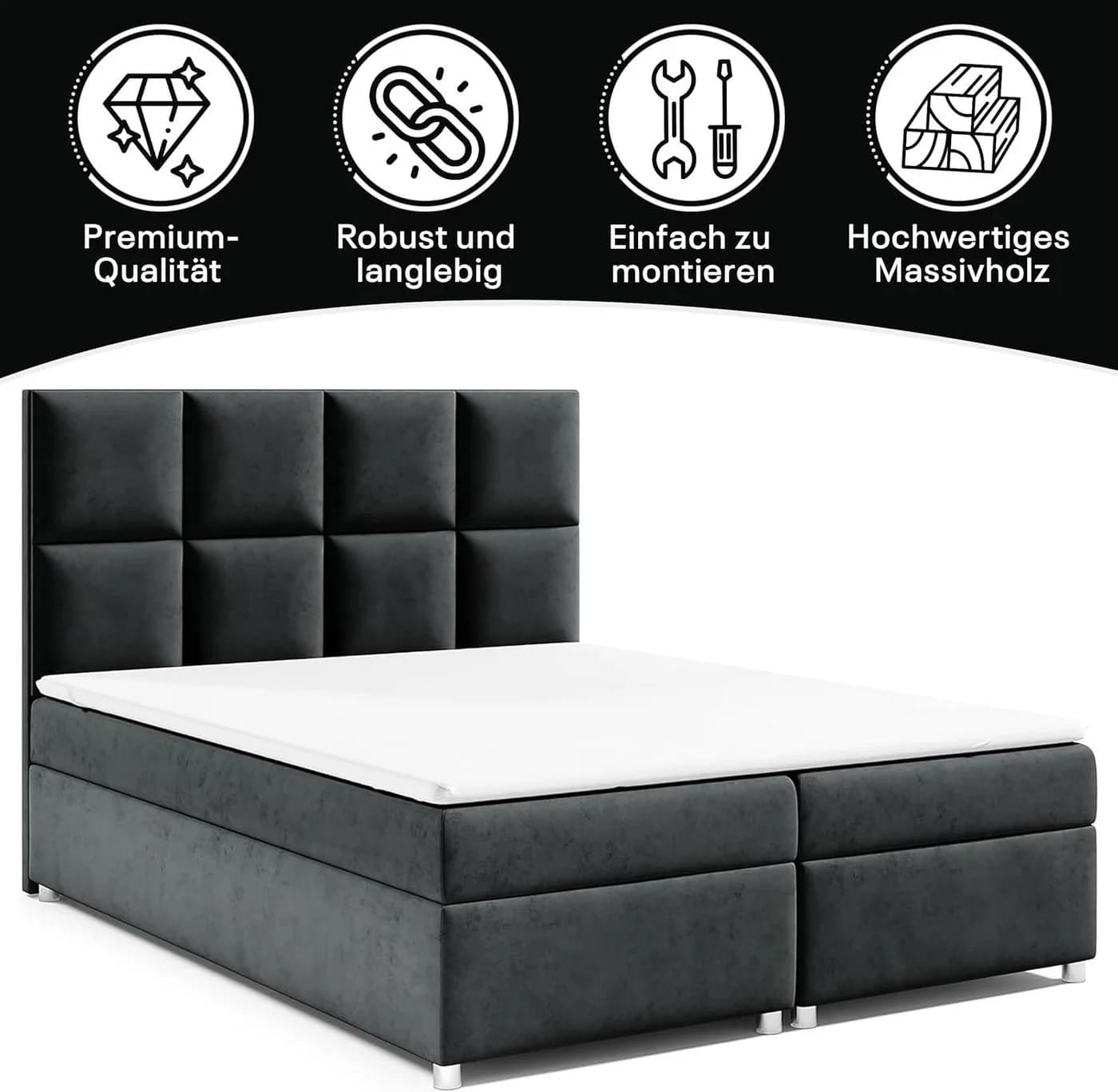 Best for Home Boxspringbett Trinity K-2 Schwarz mit Stauraum & Topper - Bild 3