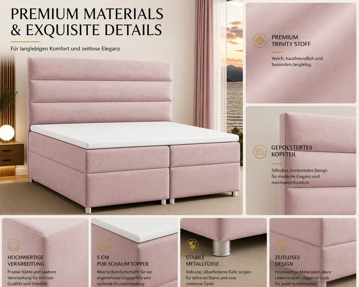 Best for Home Boxspringbett Trinity K1 Rosa mit Bettkasten - Bild 4