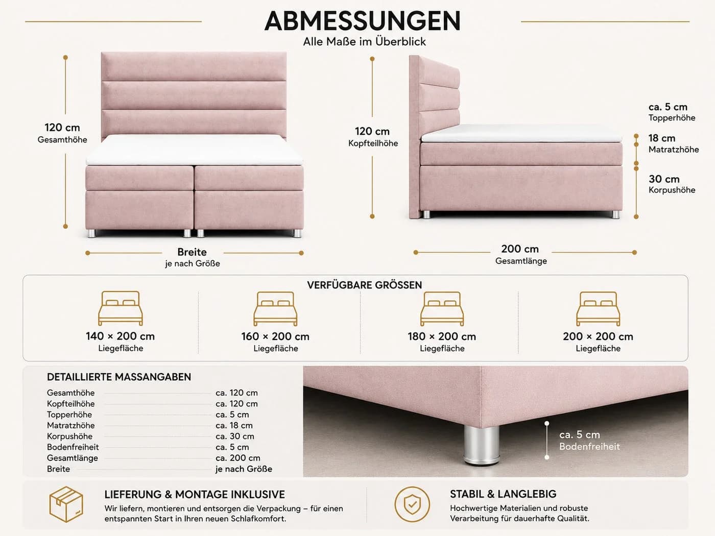 Best for Home Boxspringbett Trinity K1 Rosa mit Bettkasten - Bild 5