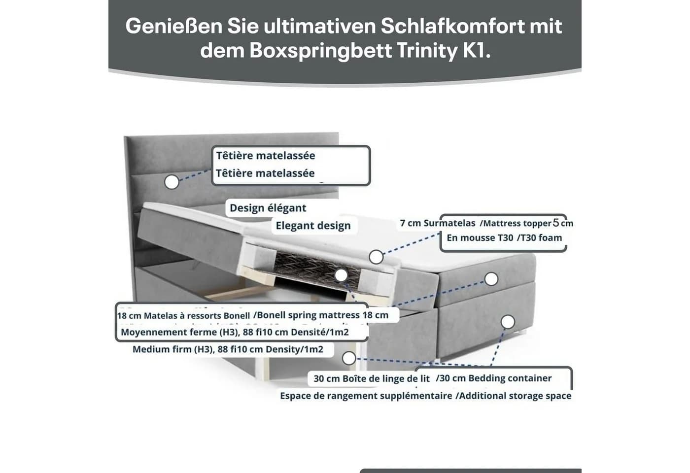 Best for Home Boxspringbett Trinity K1 mit Bettkasten & Bonell-Matratze Graphit - Bild 5