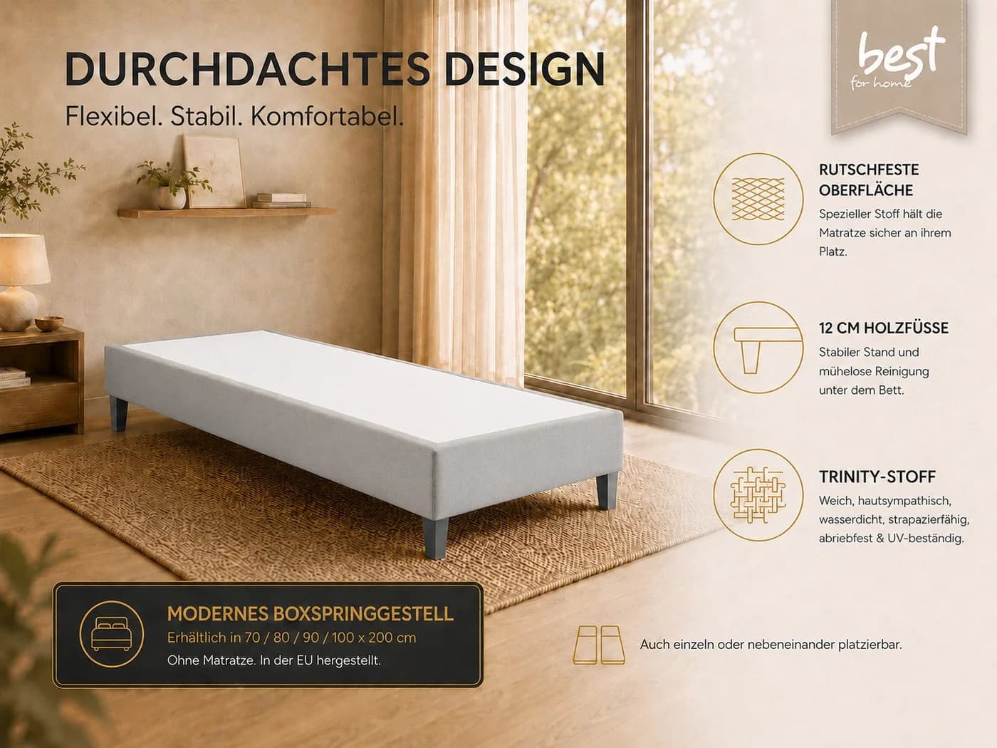 Best for Home Boxspringbett Trinity Grau Massivholz Einzelbett - Bild 3