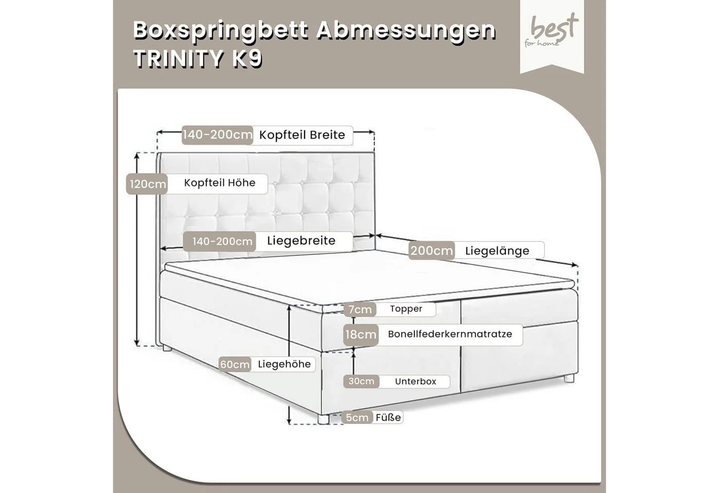 Best for Home Boxspringbett Trinity K-9 mit Bettkasten und Topper