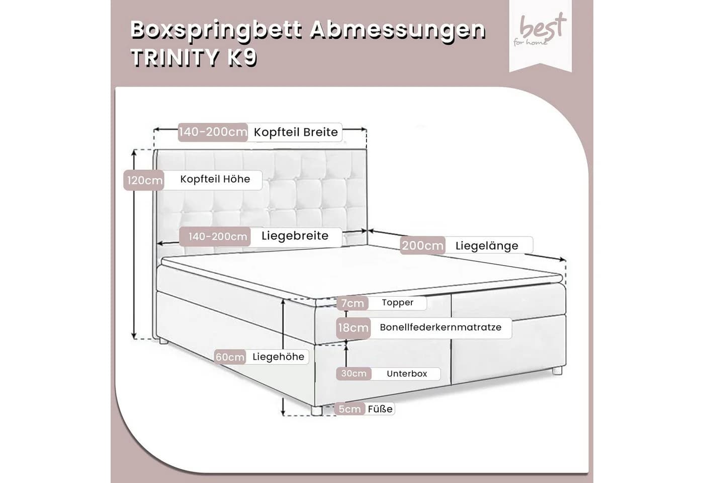Best for Home Boxspringbett Trinity K-9 Rosa mit Bettkasten & Topper