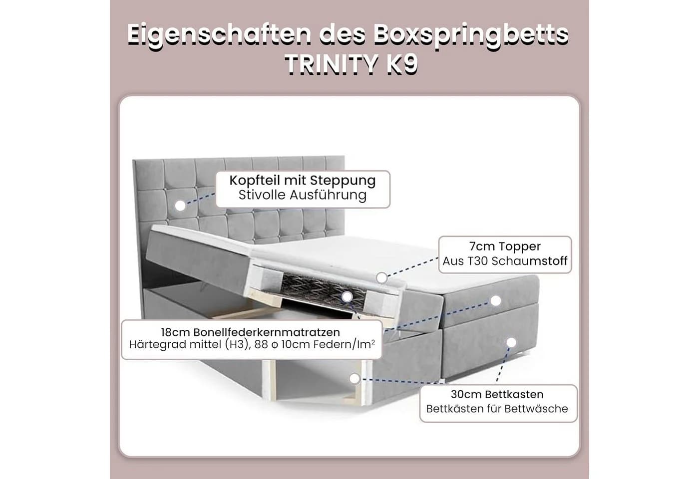 Best for Home Boxspringbett Trinity K-9 Rosa mit Bettkasten & Topper - Bild 5