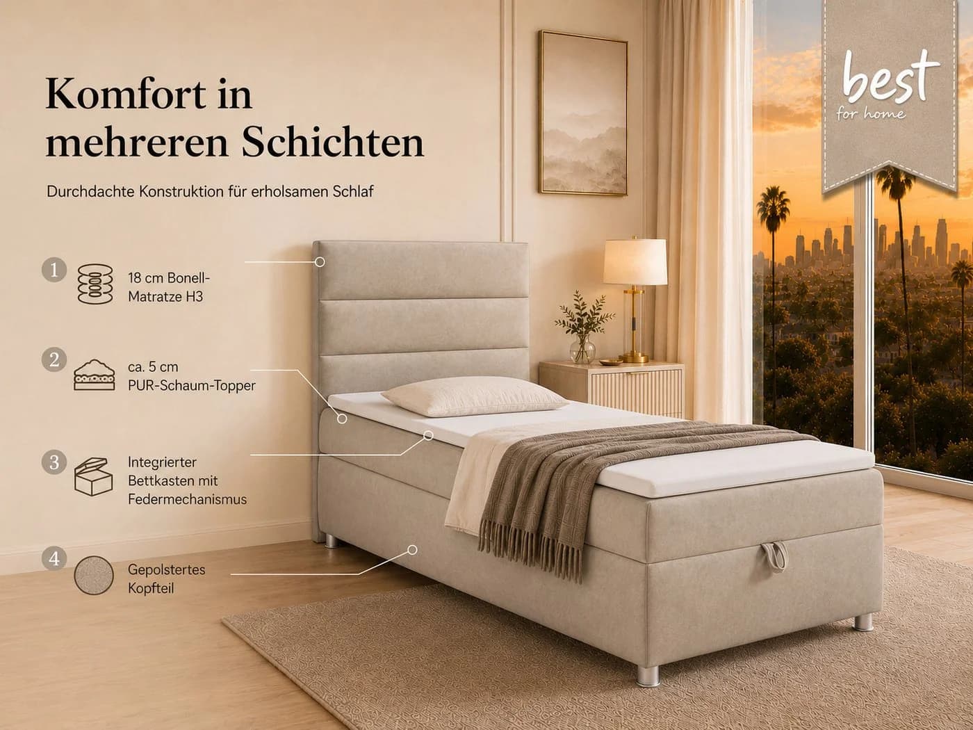 Best for Home Boxspringbett K-4 Beige mit Stauraum & Topper - Bild 3