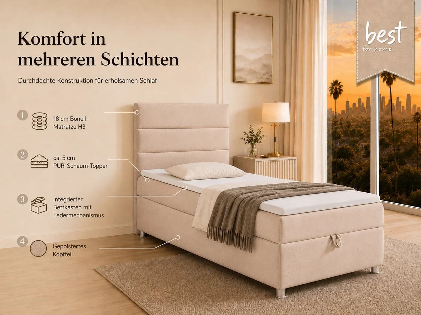 Best for Home Boxspringbett K-4 mit Stauraum, Topper & Bonellfederkern Creme - Bild 3