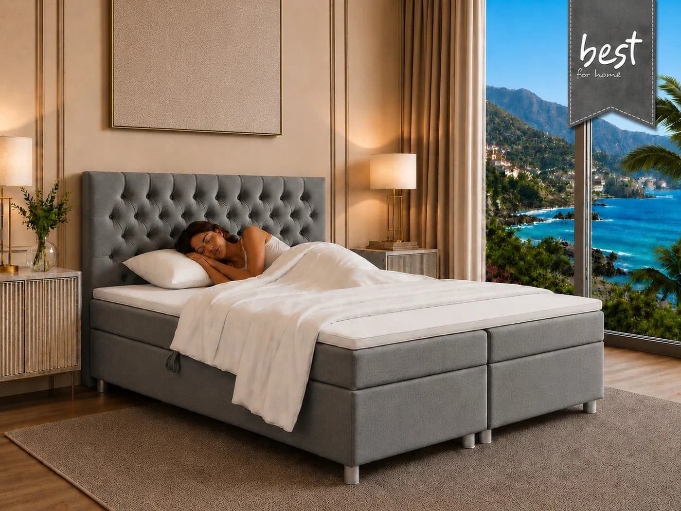 Best for Home Boxspringbett mit Bettkasten Grau Polsterbett