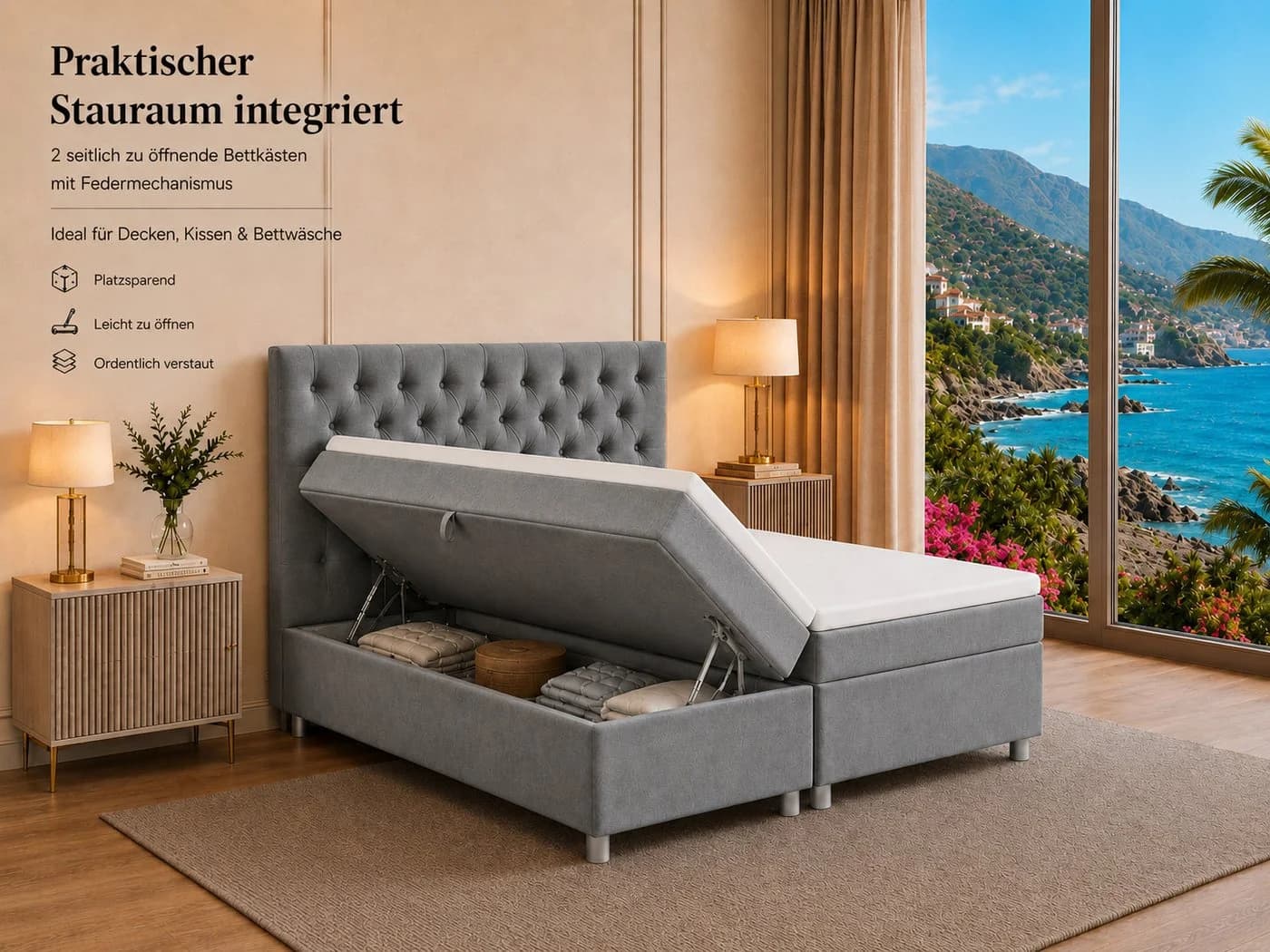 Best for Home Boxspringbett mit Bettkasten Grau Polsterbett - Bild 5