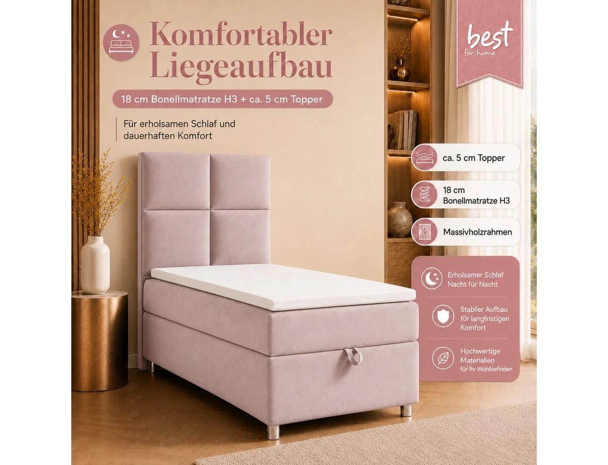 Best for Home Boxspringbett Trinity K-2 mit Bettkasten & Topper Rosa - Bild 3