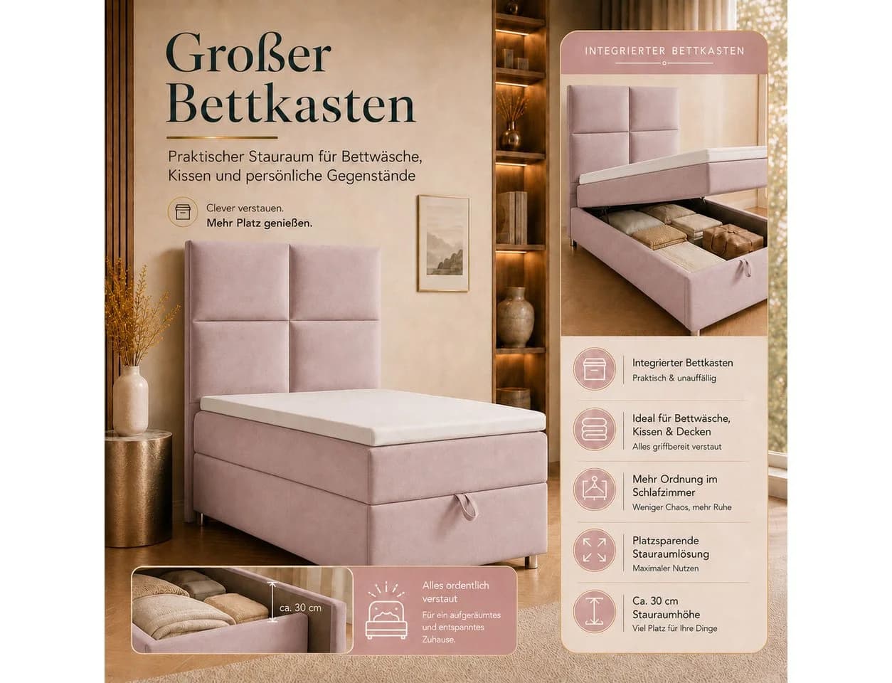 Best for Home Boxspringbett Trinity K-2 mit Bettkasten & Topper Rosa - Bild 5