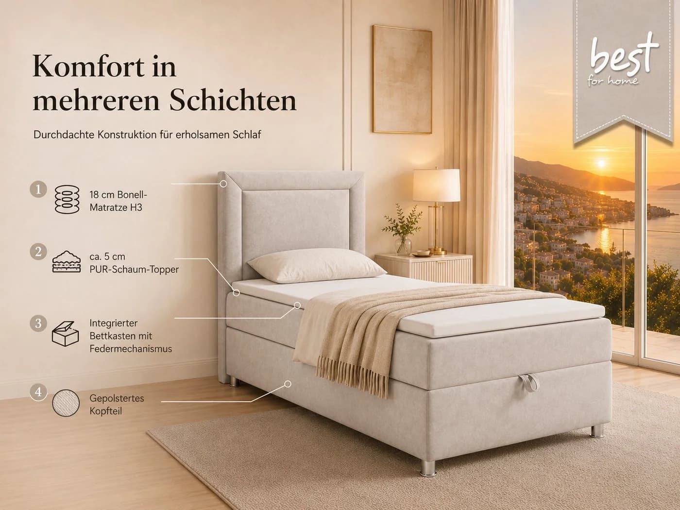 Best for Home Boxspringbett Trinity K-3 mit Bettkasten und Topper Beige - Bild 3