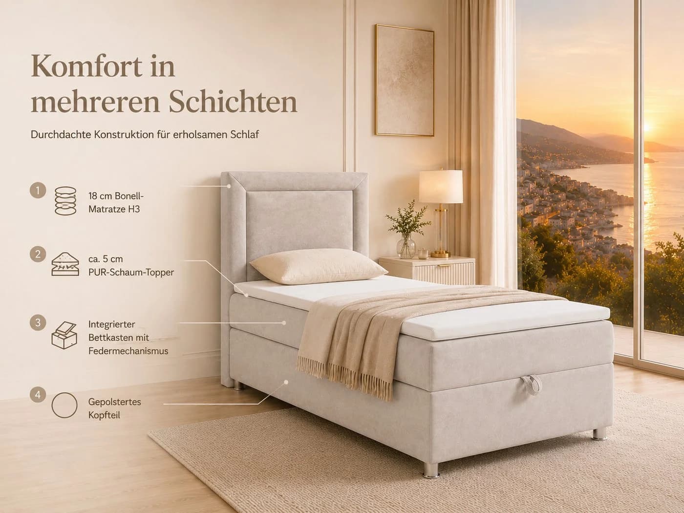 Best for Home Boxspringbett Trinity K-3 mit Bettkasten und Topper Beige - Bild 4