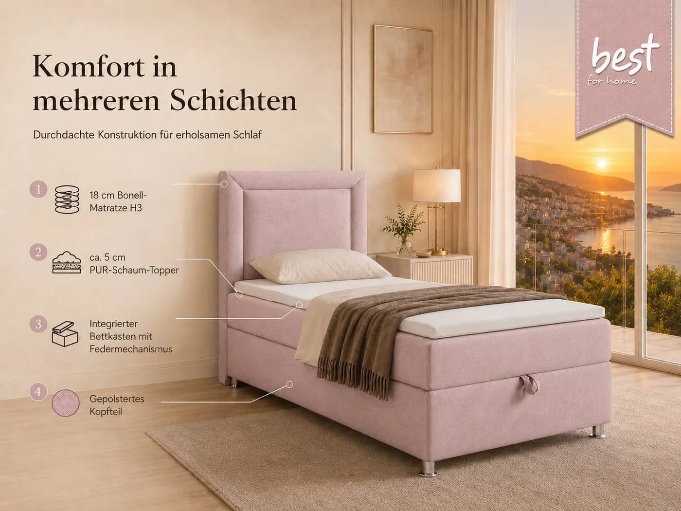 Best for Home Boxspringbett Trinity K-3 Rosa mit Bettkasten und Topper - Bild 3