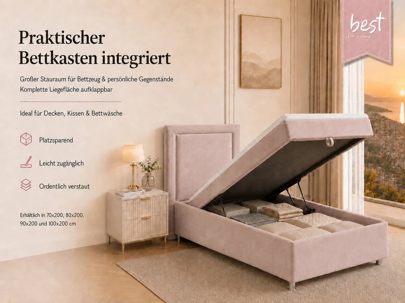 Best for Home Boxspringbett Trinity K-3 Rosa mit Bettkasten und Topper - Bild 5