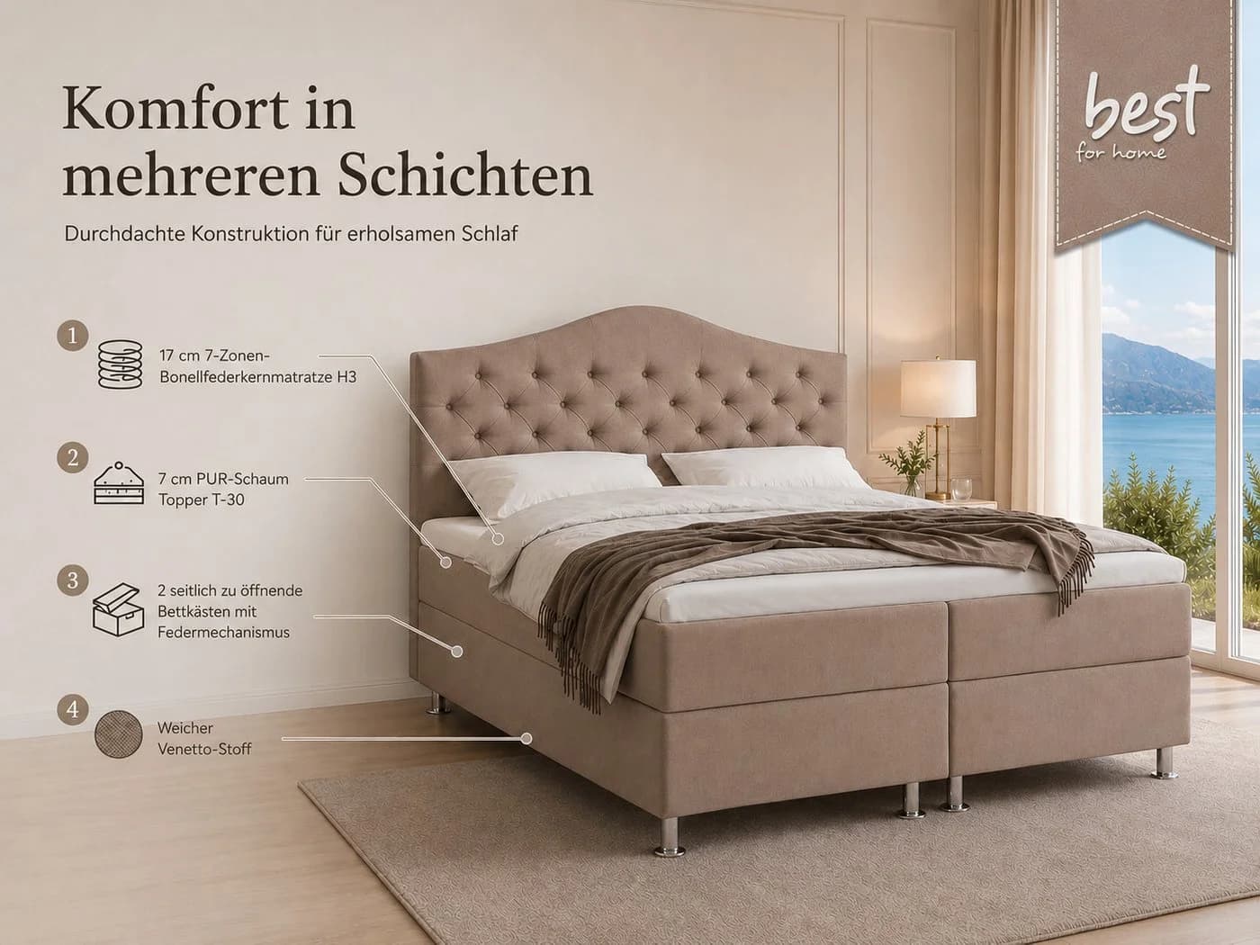 Best for Home Boxspringbett Glamour 7-Zonen Bonell & Topper - Bild 3