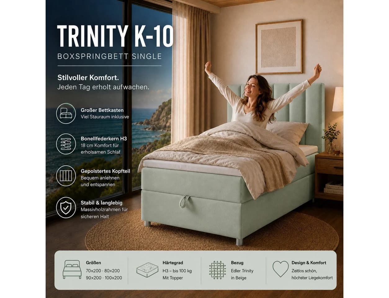 Best for Home Boxspringbett Trinity K10 SINGLE mit Bettkasten & Topper - Bild 4