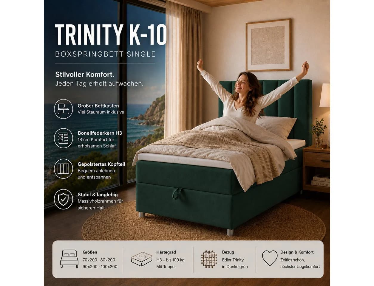 Best for Home Boxspringbett Trinity K10 SINGLE mit Bettkasten & Topper H3 - Bild 4