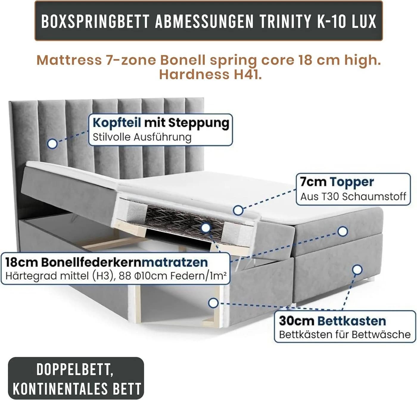Best for Home Boxspringbett Trinity K10 mit Stauraum und Komfort-Topper - Bild 4