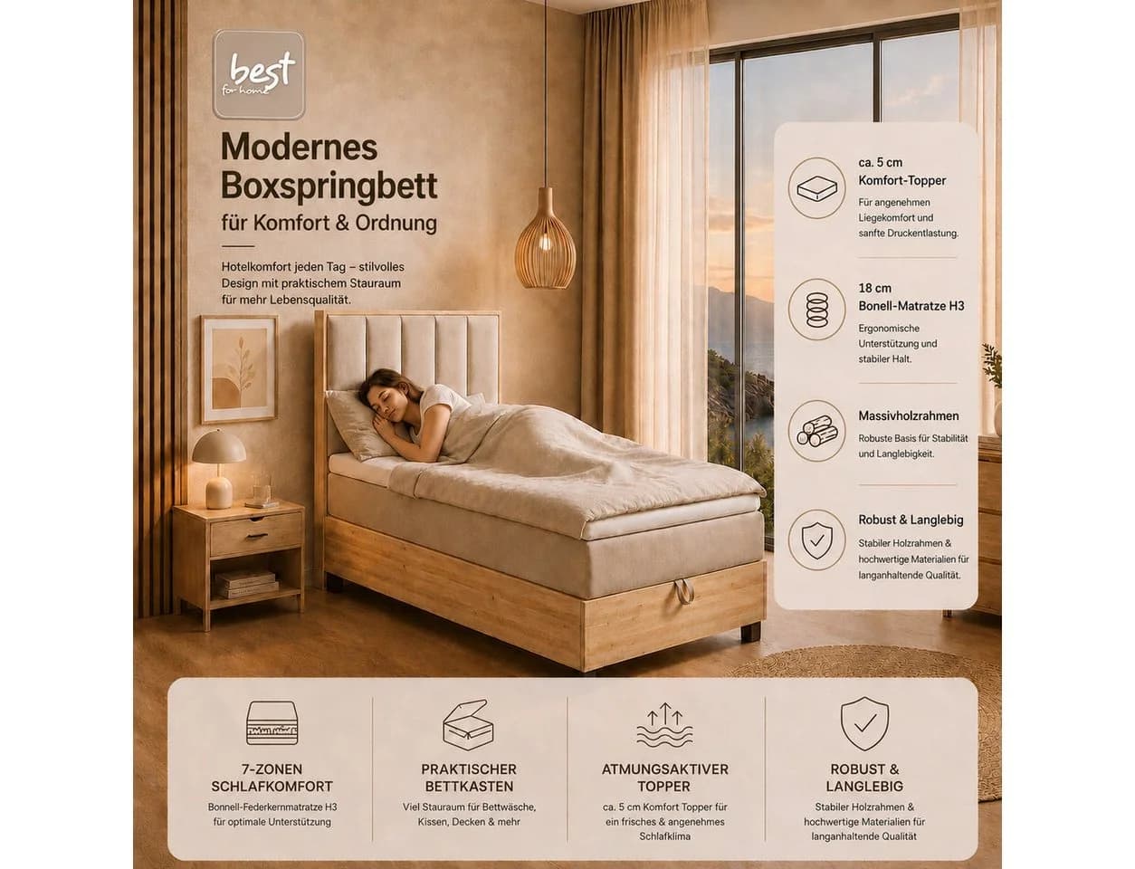Best for Home Boxspringbett Trinity K-10 mit Bettkasten & Topper Beige - Bild 4