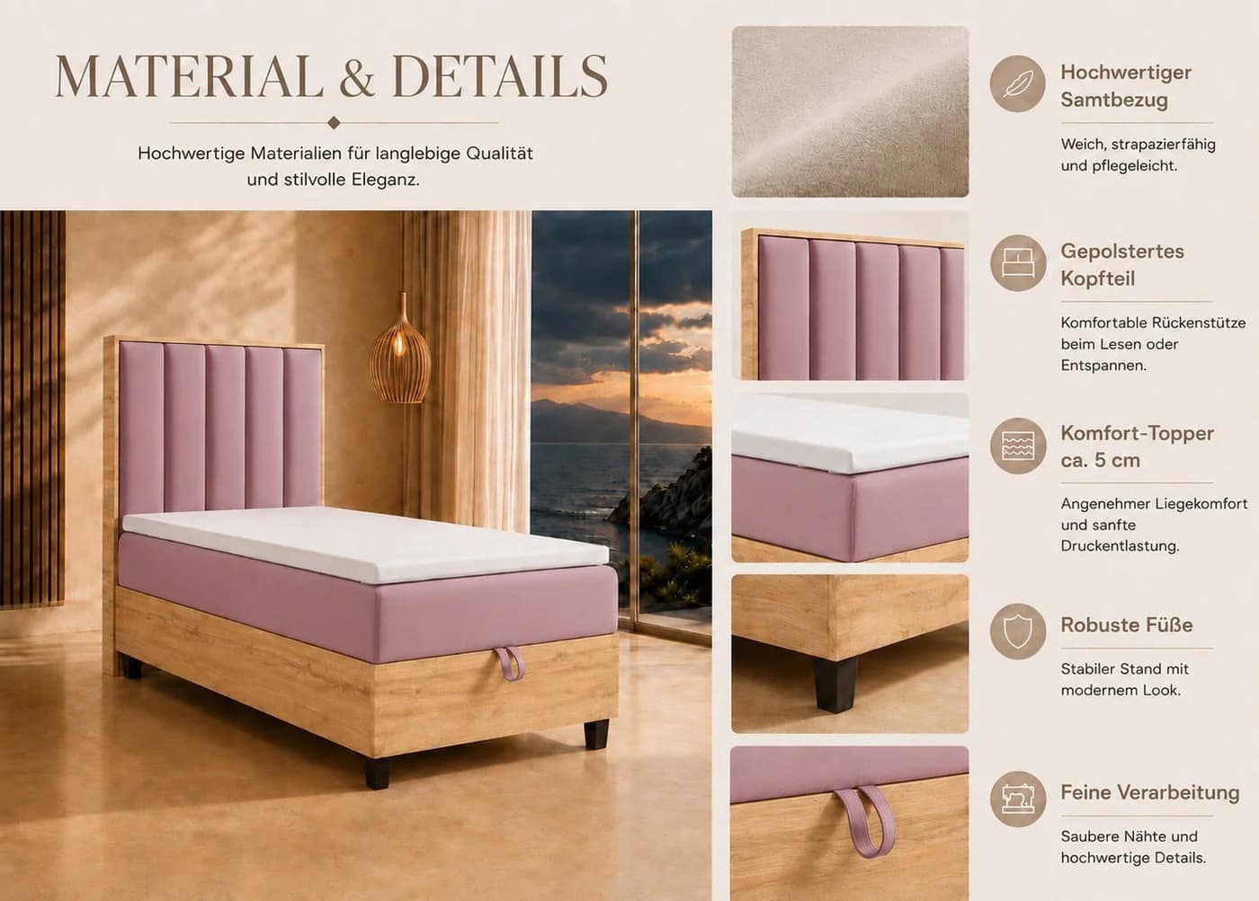 Best for Home Boxspringbett Trinity K-10 mit Bettkasten & Topper Rosa - Bild 5
