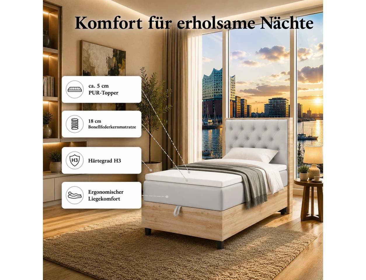 Best for Home Boxspringbett Trinity K-14 Single Grau mit Bettkasten & Topper - Bild 5