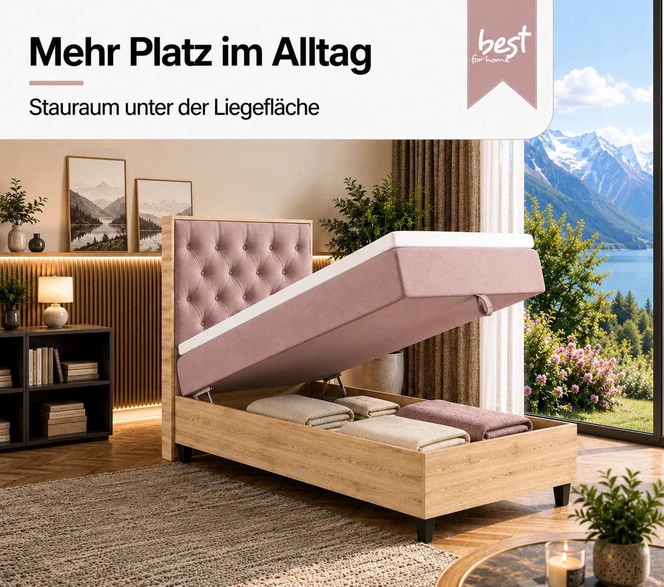 Best for Home Boxspringbett Trinity K-14 Single Rosa mit Bettkasten & Topper