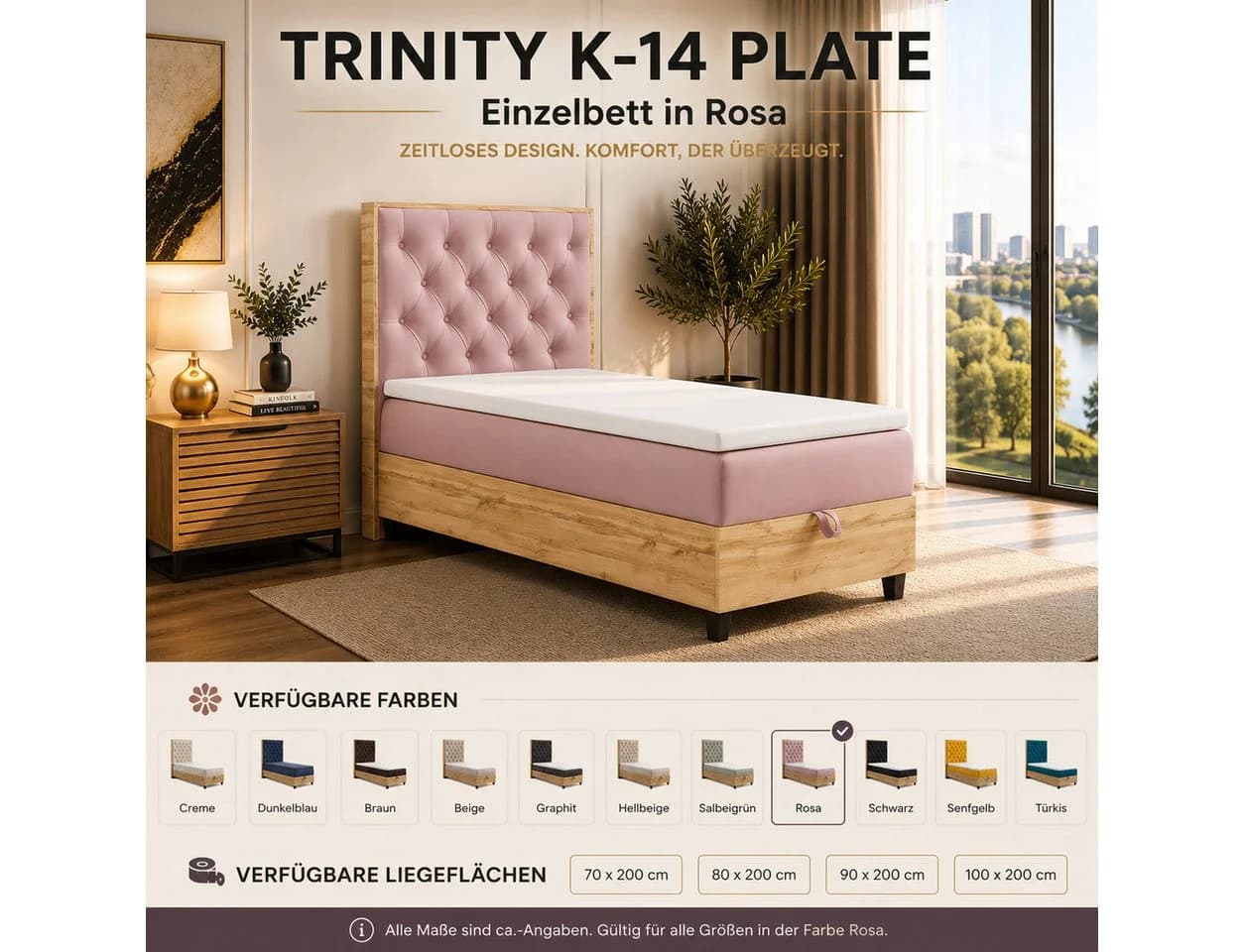 Best for Home Boxspringbett Trinity K-14 Single Rosa mit Bettkasten & Topper - Bild 3