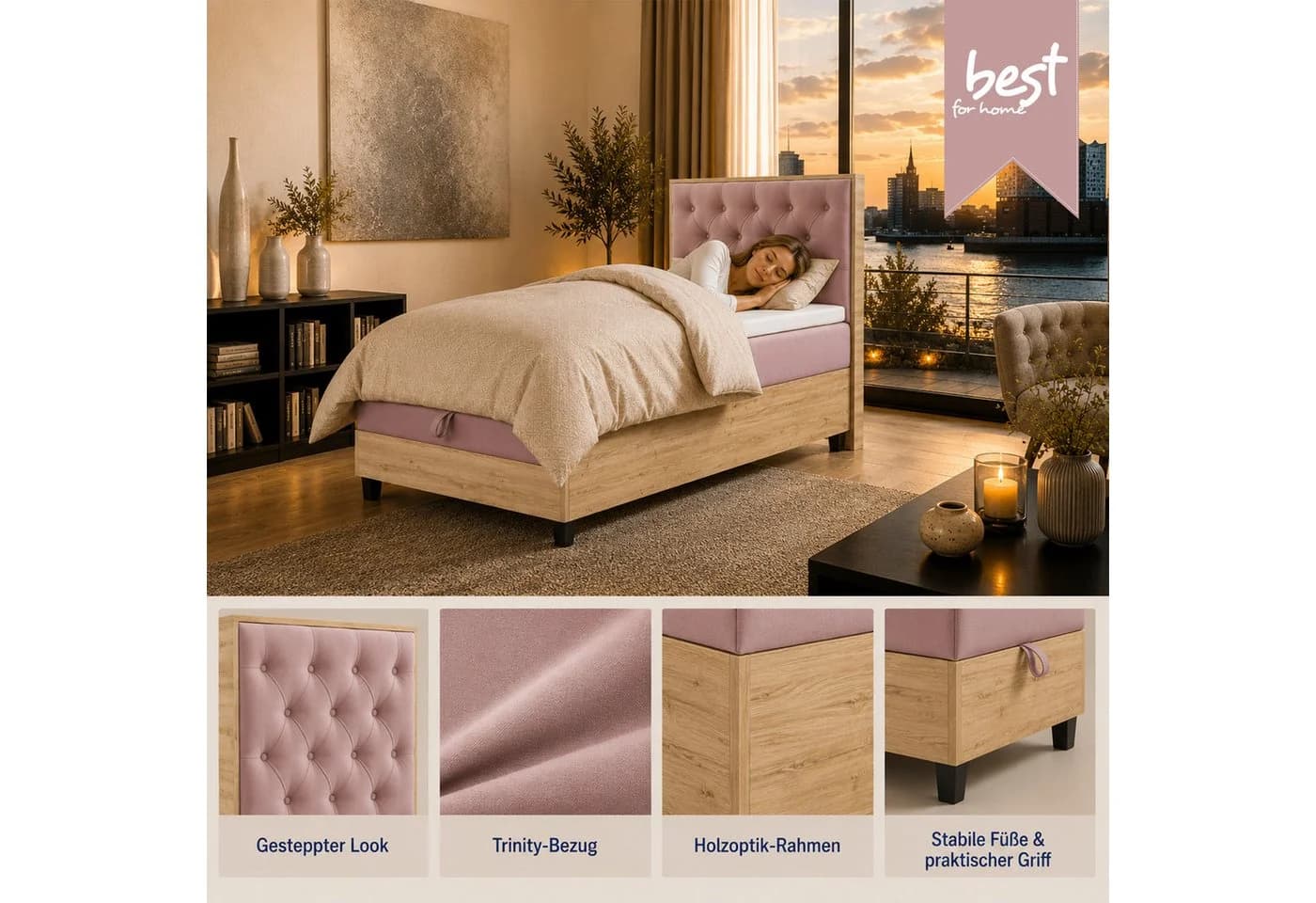 Best for Home Boxspringbett Trinity K-14 Single Rosa mit Bettkasten & Topper - Bild 4