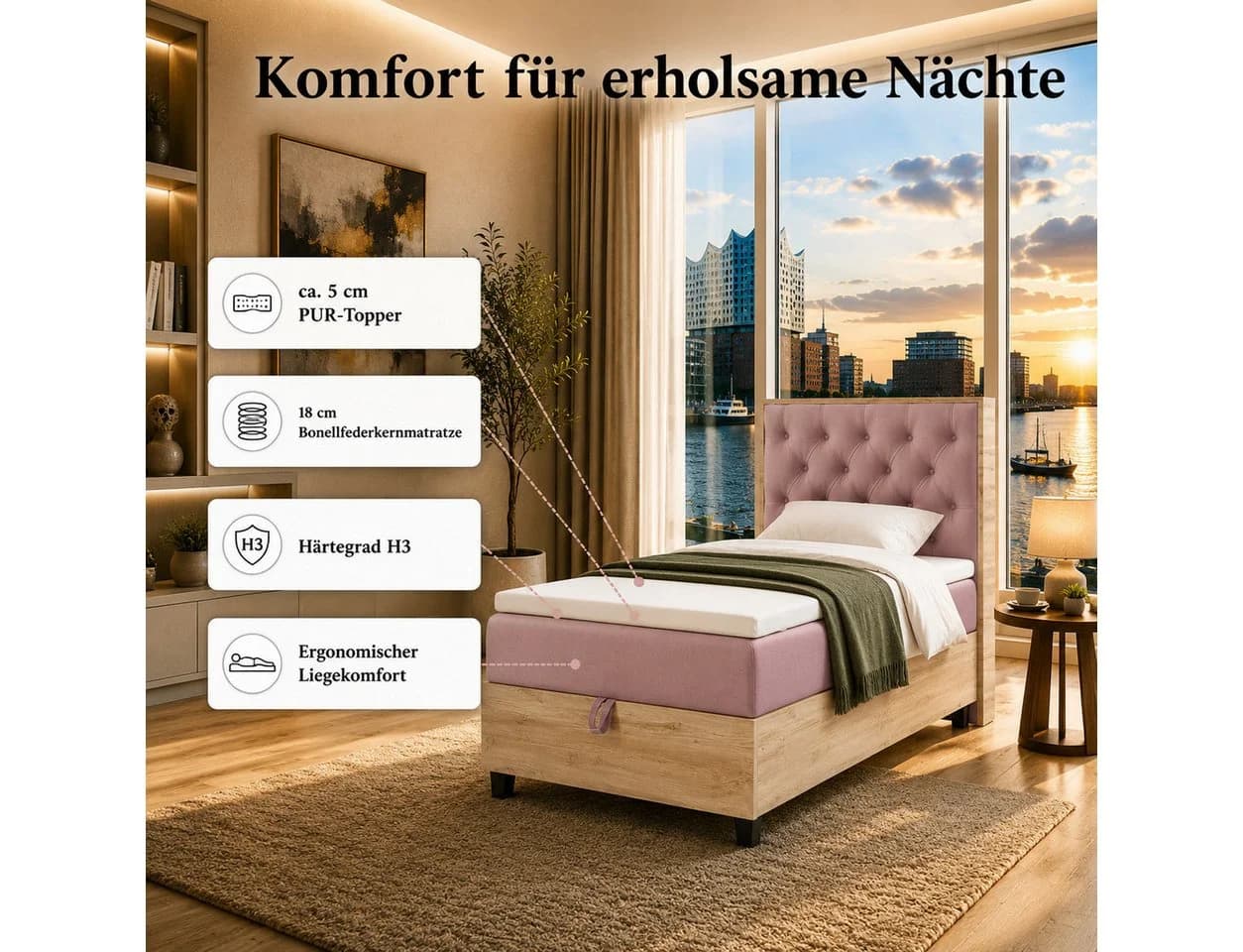 Best for Home Boxspringbett Trinity K-14 Single Rosa mit Bettkasten & Topper - Bild 5