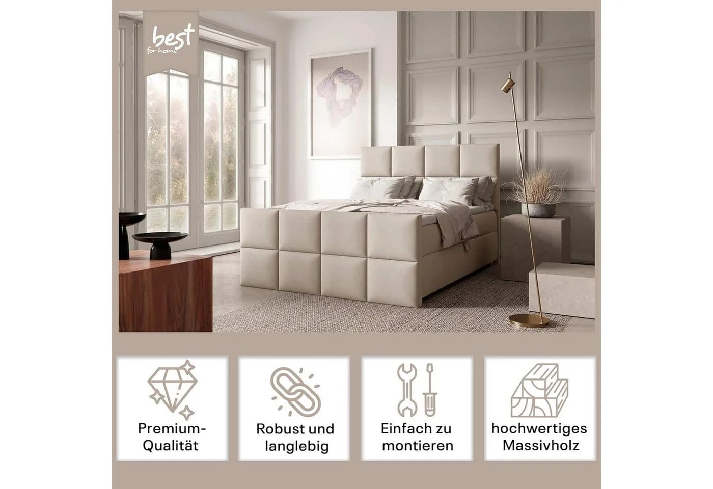 Best for Home Boxspringbett Trinity K-1 LUX Modernes Boxspringbett mit Stauraum & Komfort