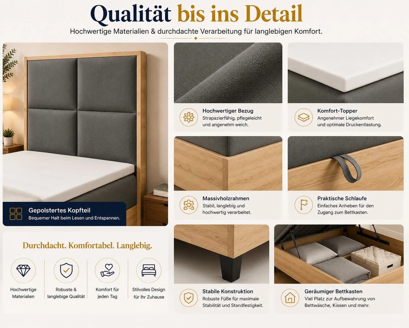 Best for Home Boxspringbett Trinity K-2 Plate mit Bettkasten & Topper grau - Bild 4