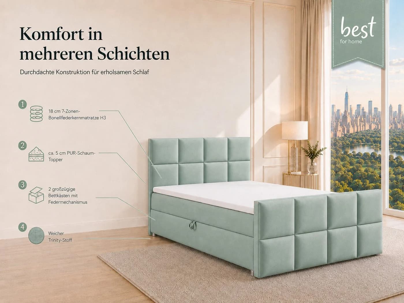 Best for Home Boxspringbett Trinity K-1 LUX Mintgrün mit Stauraum - Bild 3