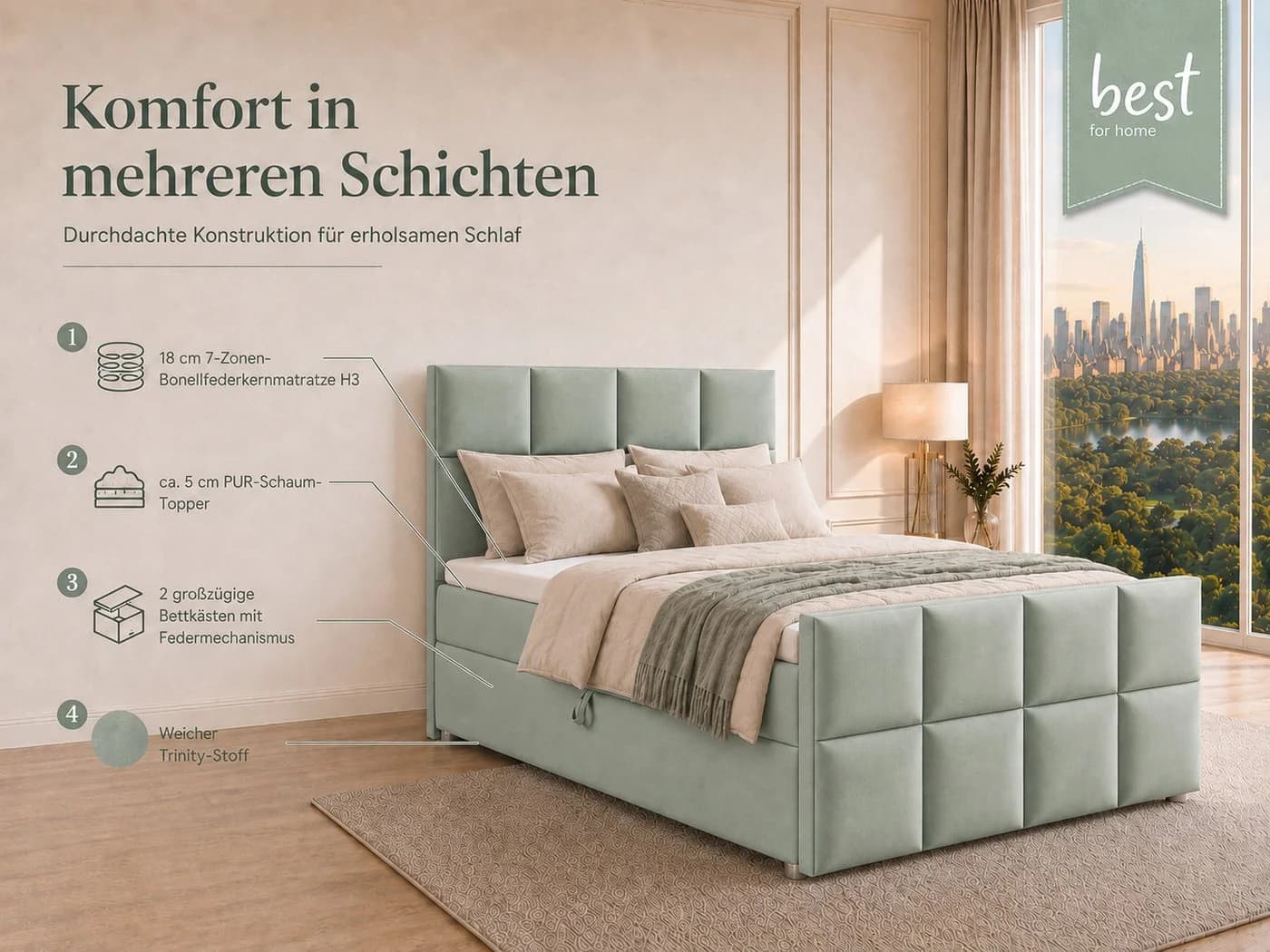 Best for Home Boxspringbett Trinity K-1 LUX Mintgrün mit Stauraum - Bild 4