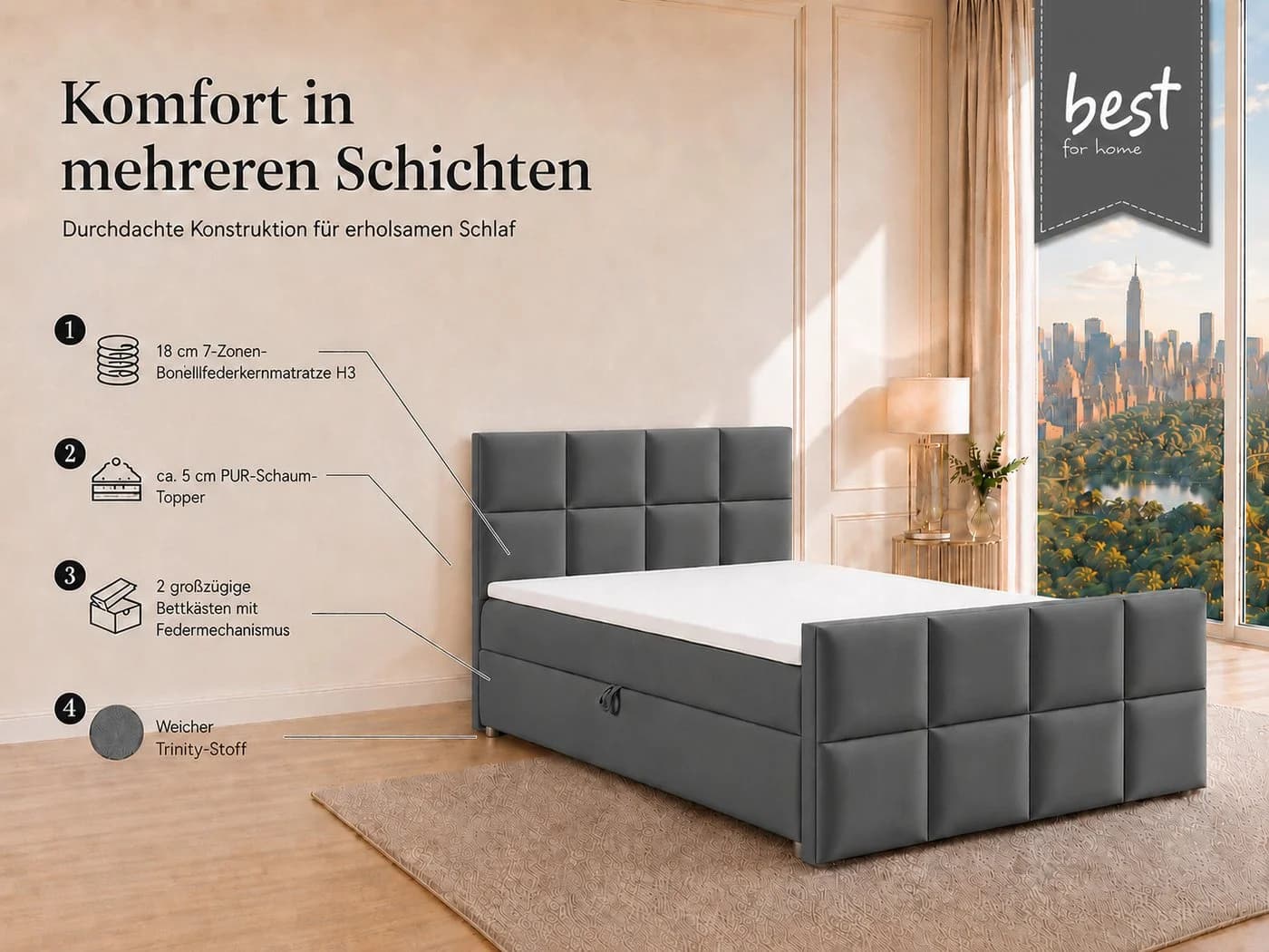 Best for Home Boxspringbett Trinity K-1 LUX Grau mit Stauraum & Topper - Bild 3