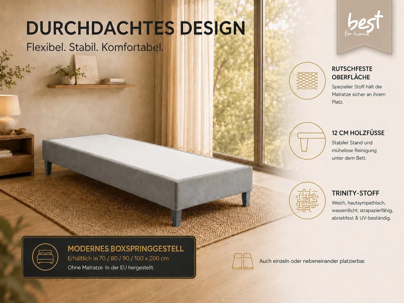 Best for Home Boxspringbett Rahmen Massivholz Grau 12 cm Füße - Bild 3