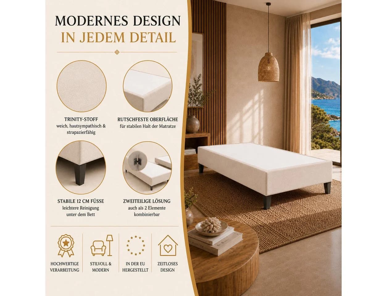 Best for Home Boxspringbett Rahmen Massivholz Beige - Bild 3