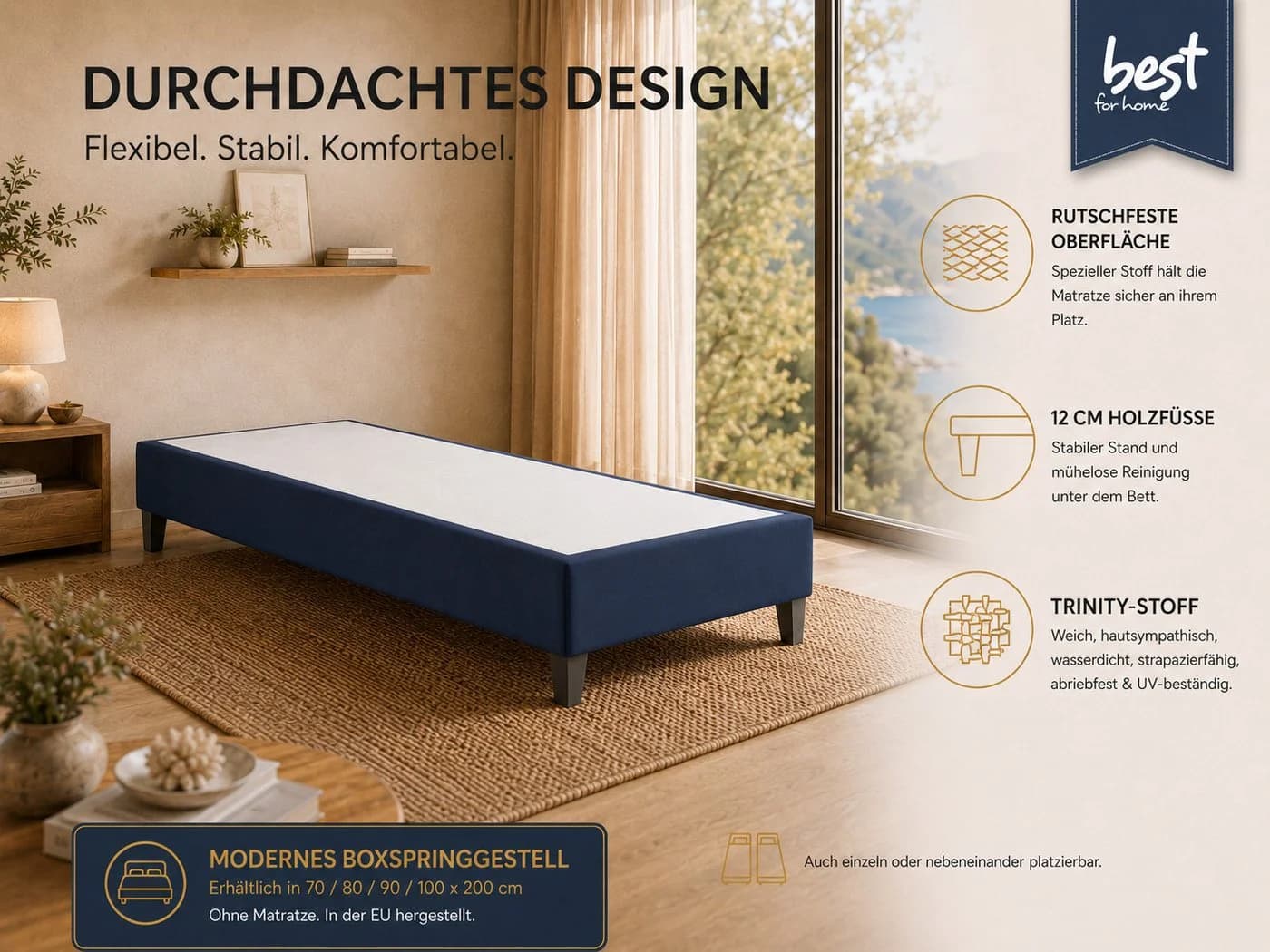 Best for Home Boxspringbettgestell Trinity Massivholz blau