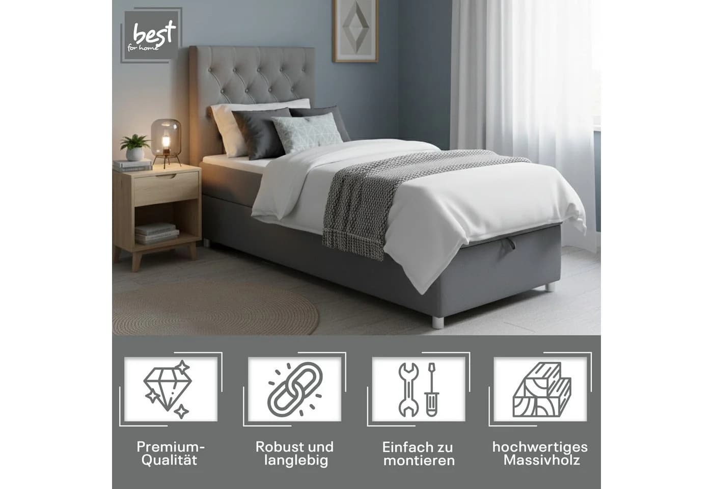 Best for Home Boxspringbett Trinity K-14 mit Bettkasten & Topper Grau