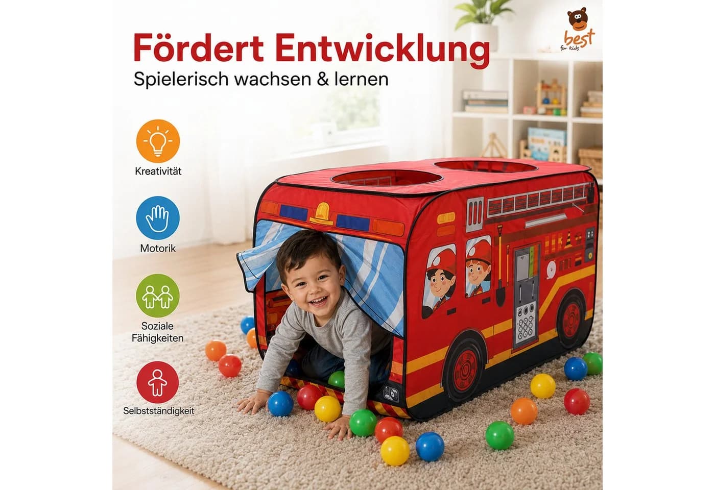 Best for Kids Feuerwehr Pop-Up Spielzelt mit 50 Bällen